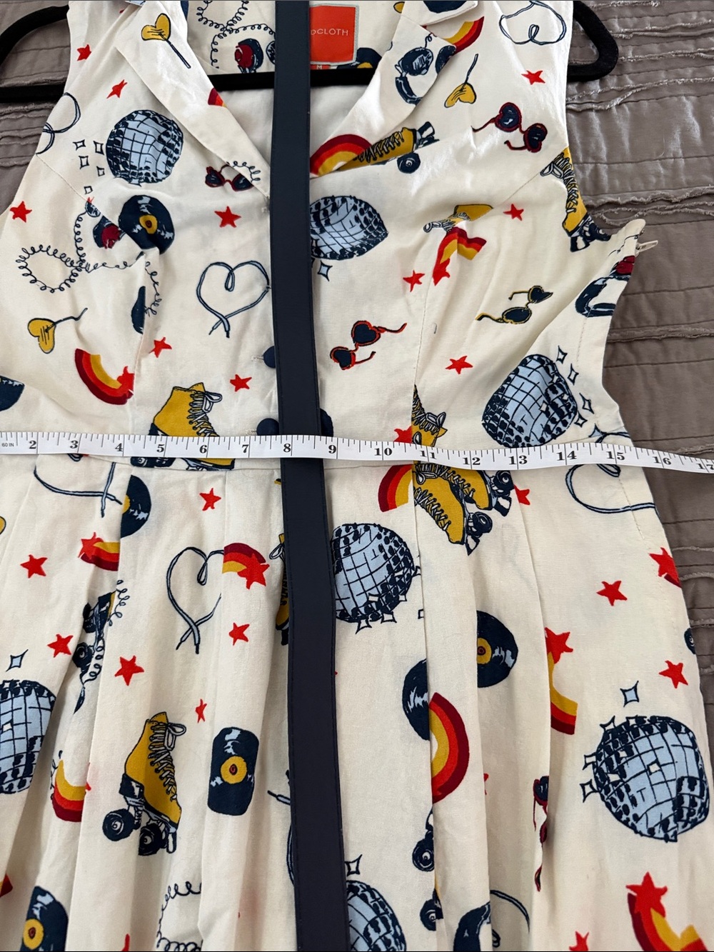 ModCloth White Sleeveless Fit-and-Flare Dress with Navy, Yellow and Red Motif - Picture 7 of 8